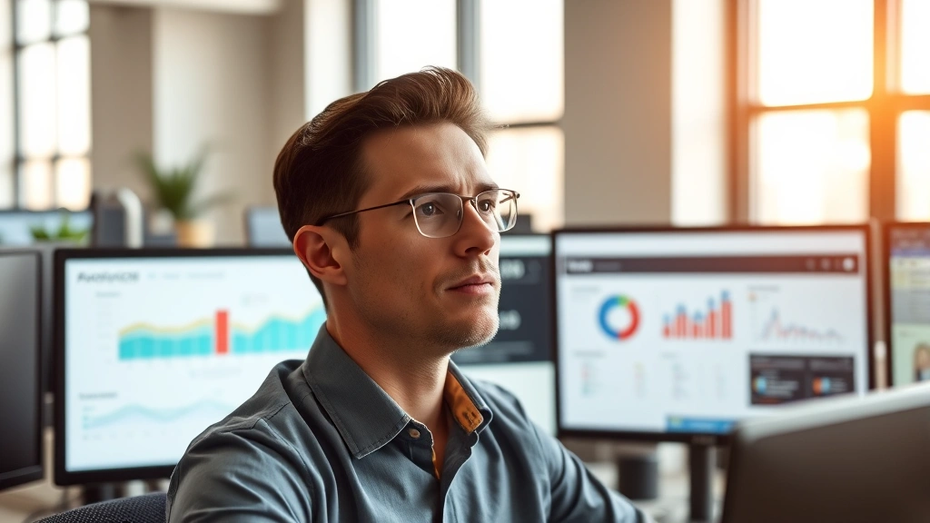Professional in modern office environment with multiple screens displaying productivity dashboards, focused expression, natural lighting, minimalist workspace aesthetic