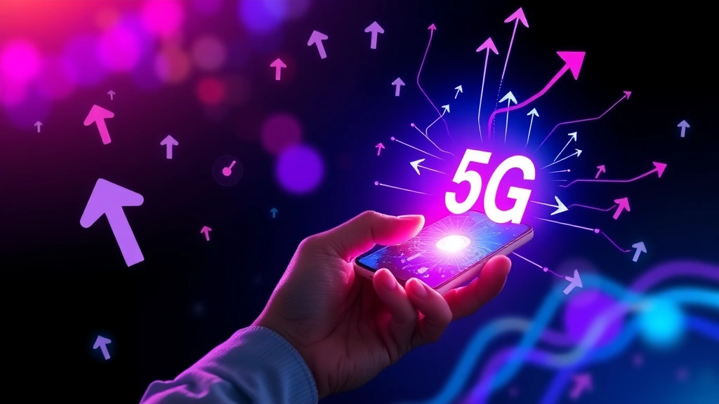 Person holding smartphone with glowing 5G network visualization radiating outward, surrounded by abstract motivation symbols like upward arrows and progress indicators, vibrant colors