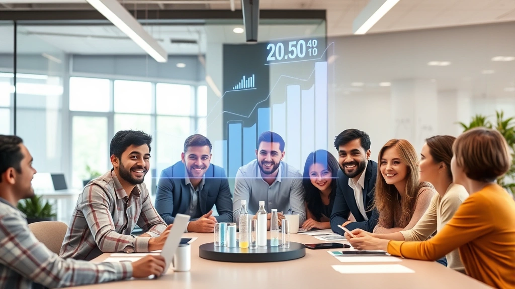Team of diverse professionals collaborating around a table with holographic performance metrics floating above, celebrating milestone achievement, modern office setting
