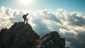 Person climbing a mountain with clear determination and focus, sunlight breaking through clouds above, representing overcoming obstacles and personal growth