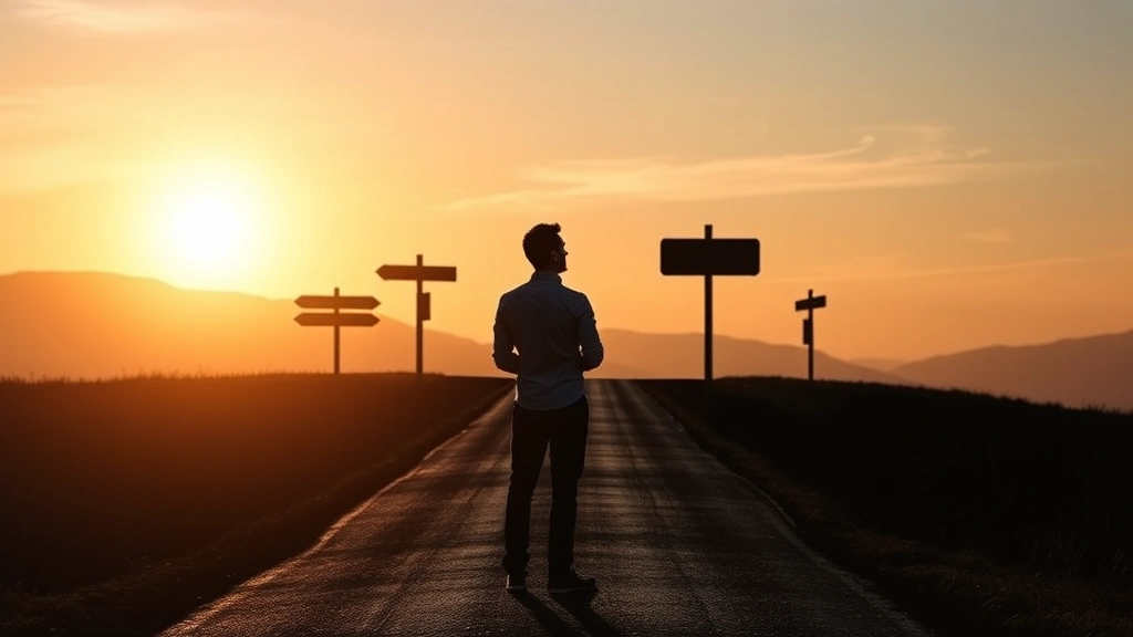 Silhouette of someone at a crossroads with multiple paths ahead, contemplative pose, representing decision-making and the choice between different approaches to success