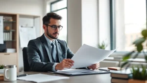 Professional attorney in modern office reviewing legal documents at desk, focused and contemplative, natural lighting through window, calm workspace environment