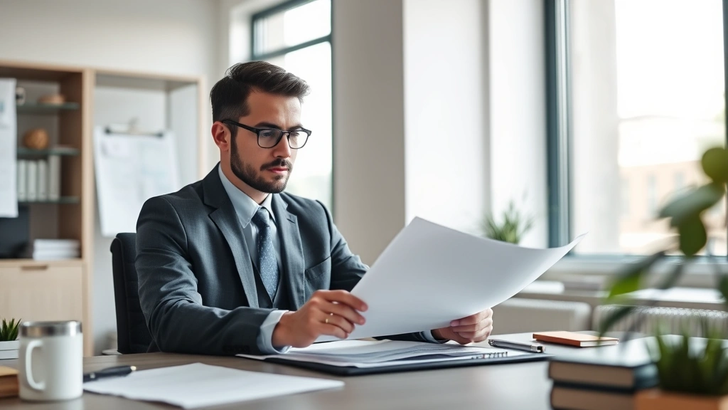 Professional attorney in modern office reviewing legal documents at desk, focused and contemplative, natural lighting through window, calm workspace environment