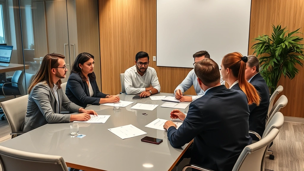 Diverse group of professionals in consultation room having serious discussion around conference table, reviewing documents together, collaborative atmosphere