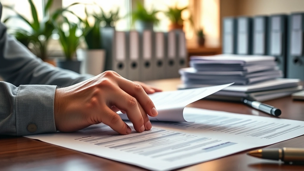 Close-up of hands reviewing medical and legal documents spread on desk, organized filing system visible, professional workspace with plants and warm lighting