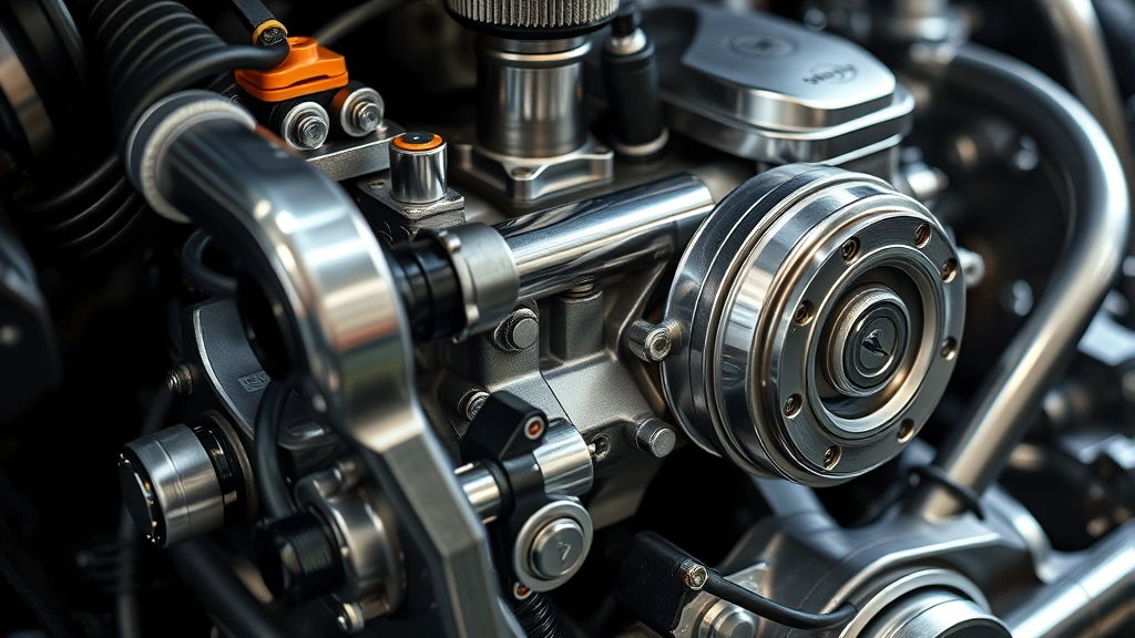 Close-up of high-performance engine with precision engineering components, metallic surfaces catching light, showcasing internal mechanical excellence and craftsmanship