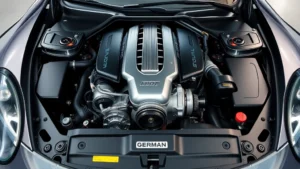 High-performance German sports car engine bay with polished components, turbocharger visible, precision engineering, professional lighting, no text or numbers
