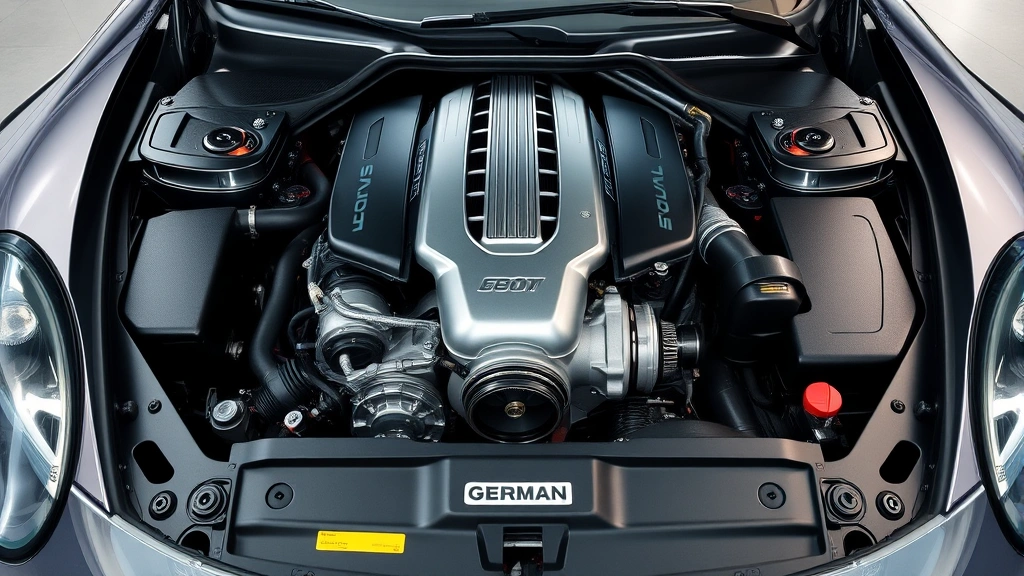 High-performance German sports car engine bay with polished components, turbocharger visible, precision engineering, professional lighting, no text or numbers