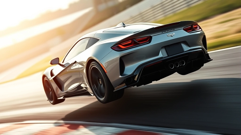 Sleek sports car suspended in mid-turn on a track, demonstrating advanced suspension geometry and aerodynamic form, dynamic motion frozen in moment