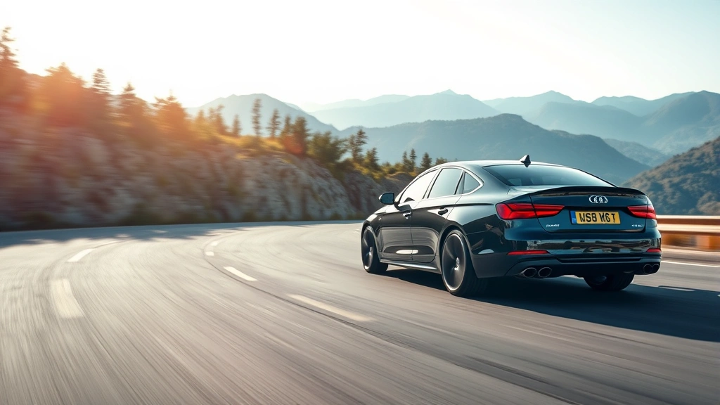 Luxury sedan cornering aggressively on mountain road, dynamic motion blur, suspension compressed, professional automotive photography, clear road and landscape