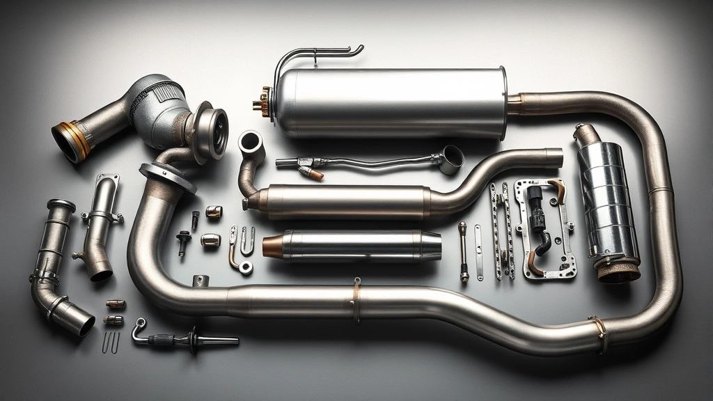 Performance exhaust system components laid out: turbo, intercooler, piping, precision manufacturing details, metallic surfaces, professional studio lighting, no labels