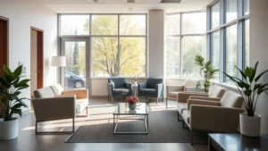 A serene modern psychiatric facility waiting room with comfortable seating, soft natural lighting, calming neutral colors, and large windows overlooking trees. Professional, welcoming, therapeutic environment.