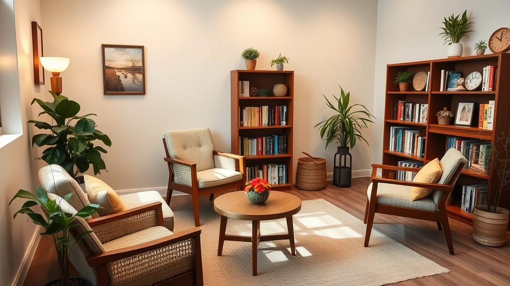 A peaceful outpatient therapy room with comfortable chairs, soft lighting, bookshelf with resources, and natural plants. Warm, confidential, therapeutic space for individual counseling sessions.