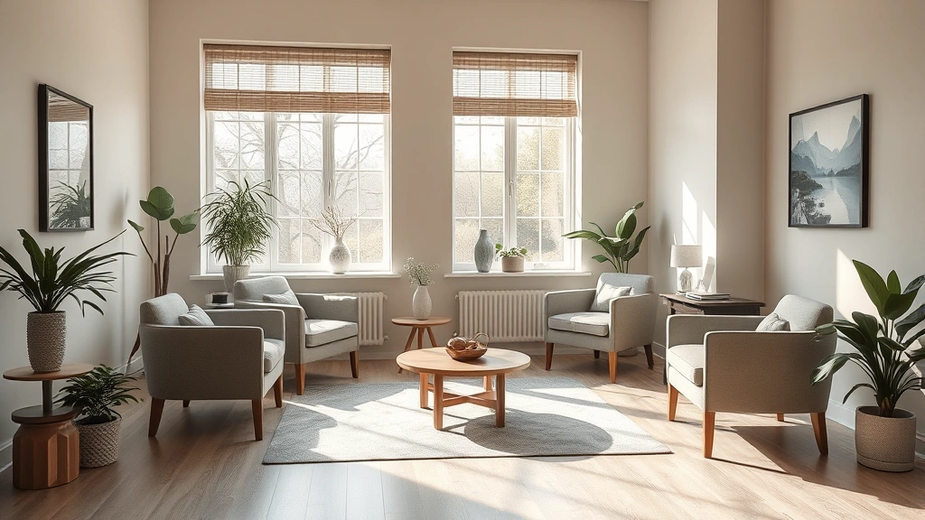 Serene therapy office interior with comfortable seating, soft natural lighting through windows, neutral calming colors, professional yet welcoming atmosphere, no people visible