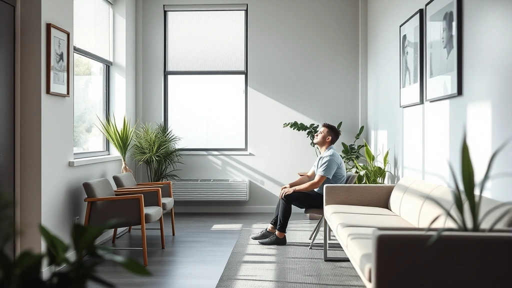 Person sitting peacefully in a modern mental health clinic waiting room, natural light streaming in, comfortable furniture, plants, clean minimalist design, focused expression
