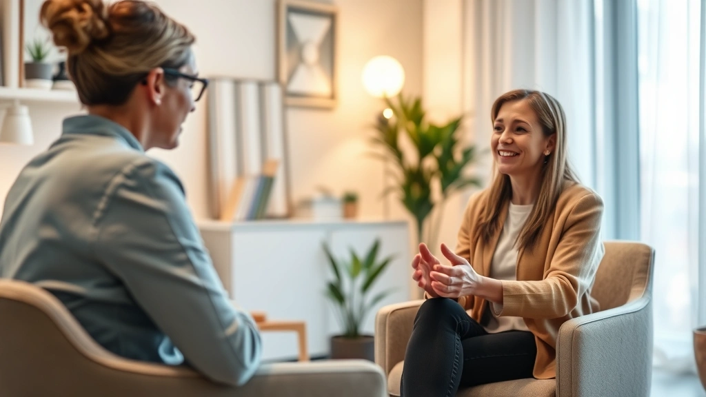 Close-up of therapist and patient having a conversation in professional office setting, warm lighting, comfortable chairs, engaged body language, therapeutic environment, calm atmosphere