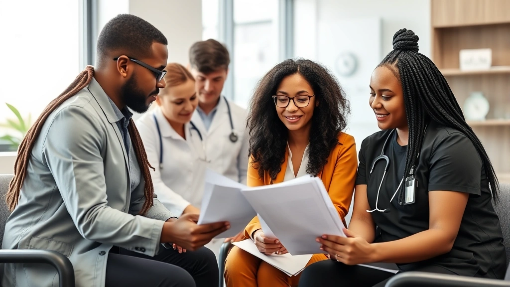 Professional diverse team of mental health counselors and nurses collaborating in a modern clinical office setting, reviewing patient files and discussing treatment plans with focused, compassionate expressions