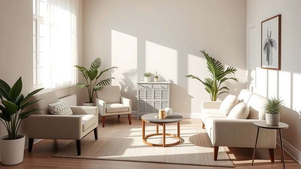 Serene modern therapy room with comfortable seating, soft natural lighting, calming neutral colors, peaceful indoor plant, professional yet welcoming atmosphere