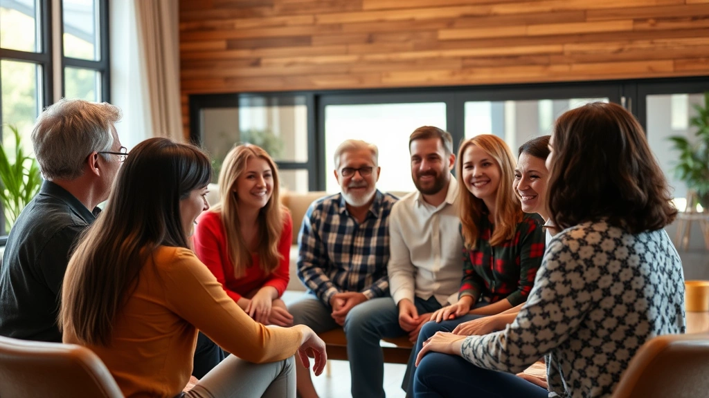 Diverse group of people in a supportive circle during group therapy session, showing connection and understanding, warm lighting, comfortable indoor setting
