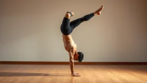 Breakdancer in mid-freeze position, body inverted with perfect balance, performing on polished wooden floor, studio lighting highlighting muscular definition and control, dynamic movement captured