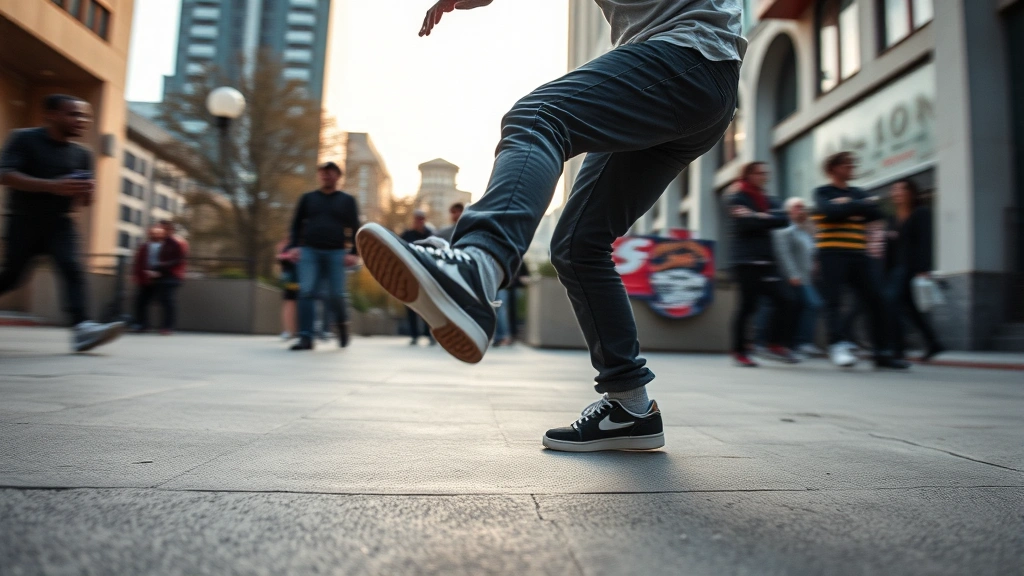 Breakdancer executing rapid footwork pattern, feet blurred with motion, upper body stable and controlled, performing on urban concrete surface with dynamic energy and precision
