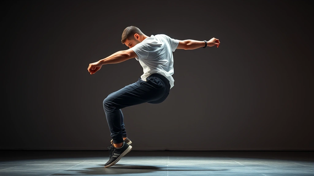 Breakdancer in power move transition, body rotating smoothly, wearing casual athletic wear, professional performance lighting, muscles engaged showing strength and coordination required