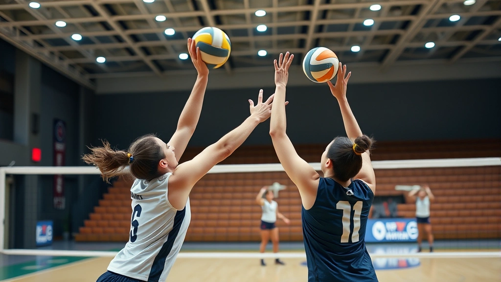 Professional volleyball player executing a perfect spike against a defender, intense focus visible, modern indoor court with bright LED lighting, action captured mid-motion