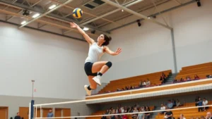 Professional volleyball player mid-jump performing a powerful spike attack during a competitive match, showcasing athletic power and precision technique in an indoor gymnasium setting