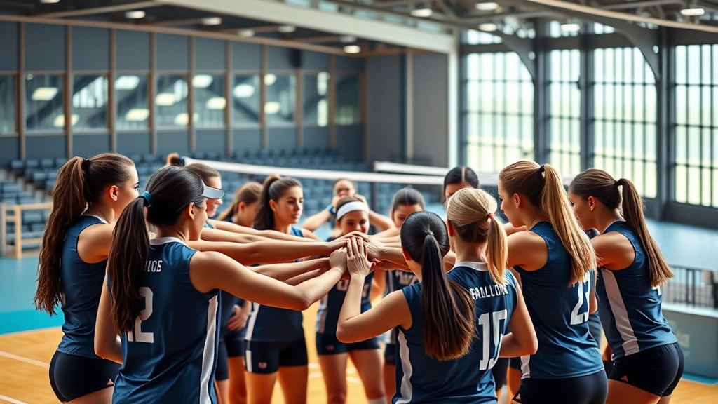 Diverse group of volleyball athletes in team huddle, hands together in circle, intense concentration and team unity, modern facility background, natural stadium lighting