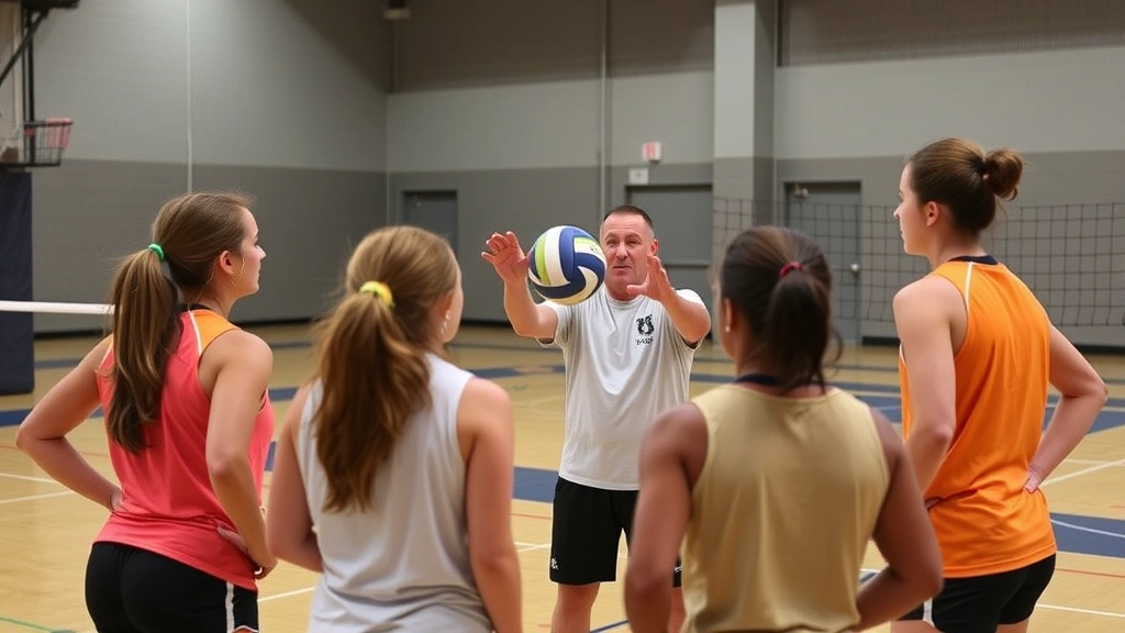 Coach demonstrating proper volleyball technique to attentive players during practice, clear instruction and engagement, professional indoor court setting, focused learning environment