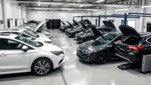 Professional auto detailing facility with multiple vehicles in various stages of service, showing organized workflow and clean workspace with polished cars and detailing equipment visible