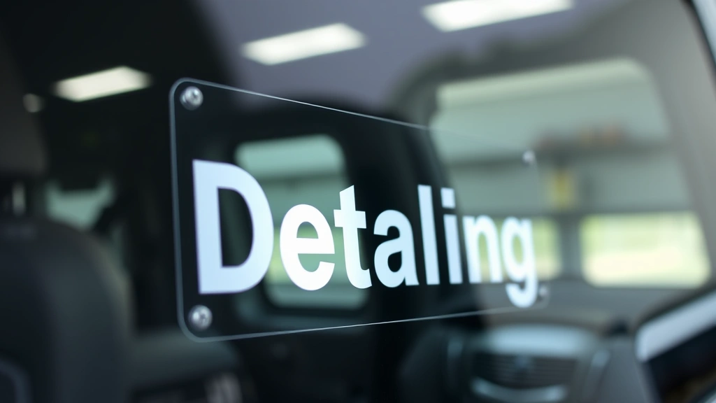 Close-up of a custom detailing sign mounted on a vehicle window, showing professional typography and branding against blurred detailing bay background