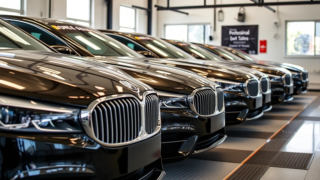 Row of finished luxury vehicles lined up in a detailing shop, each displaying professional status signage, natural lighting highlighting the polished surfaces and attention to detail