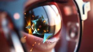 Close-up of an advanced eyeglass lens with dynamic optical elements, showing crystalline structures shifting and refracting light, photorealistic style