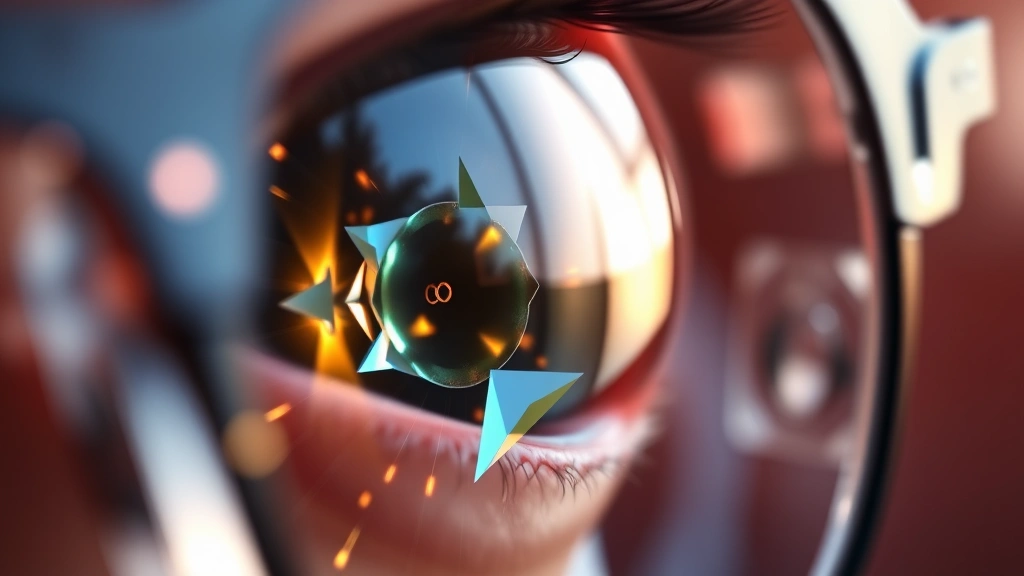 Close-up of an advanced eyeglass lens with dynamic optical elements, showing crystalline structures shifting and refracting light, photorealistic style