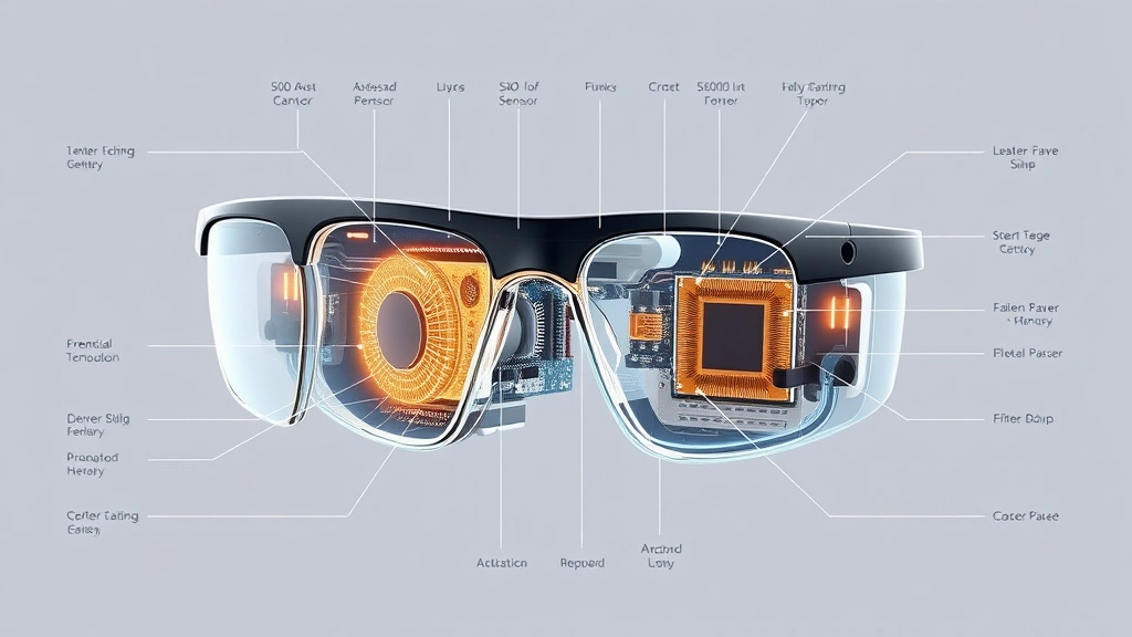 Cross-section diagram visualization of smart eyeglass technology with integrated sensors and microprocessor components working together, photorealistic technical illustration