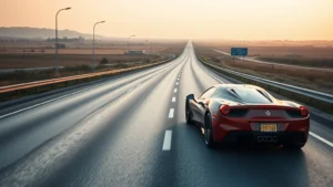 Sleek sports car on an empty highway stretching toward the horizon, morning light, wet asphalt, no text or signage visible