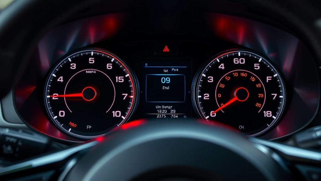 Close-up of precision instrument cluster showing performance metrics, dashboard lighting reflecting on steering wheel surface
