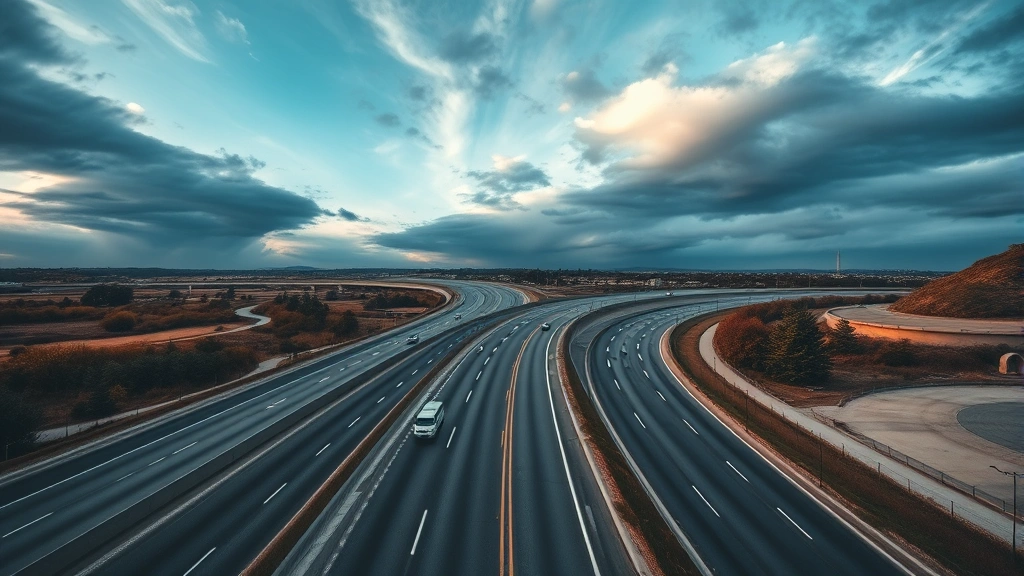 Wide aerial view of multi-lane highway with minimal traffic, dramatic sky, curves disappearing into distance, professional photography style