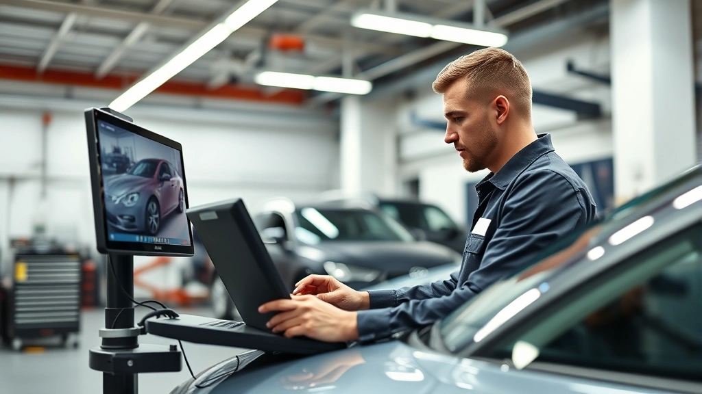 Professional automotive technician in modern workshop using diagnostic computer equipment on luxury European performance vehicle, bright LED lighting, clean facility background