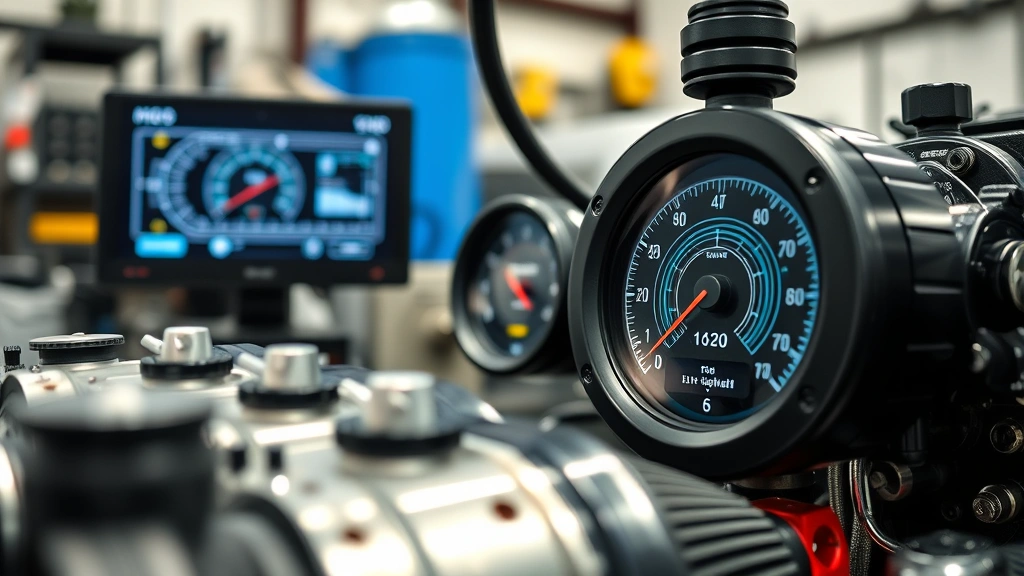 Close-up of precision engine tuning equipment and dynamometer display showing real-time performance metrics, technical gauges, professional workshop environment