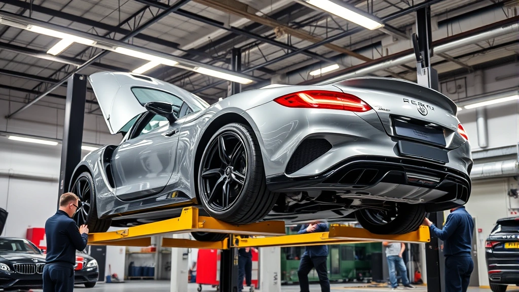 Luxury car on service lift in contemporary autobedrijf facility with technicians inspecting suspension components, overhead lighting illuminating detailed mechanical work
