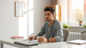 Person at a clean, minimalist desk with morning coffee, sunlight streaming through window, focused expression, organized workspace with no distractions visible