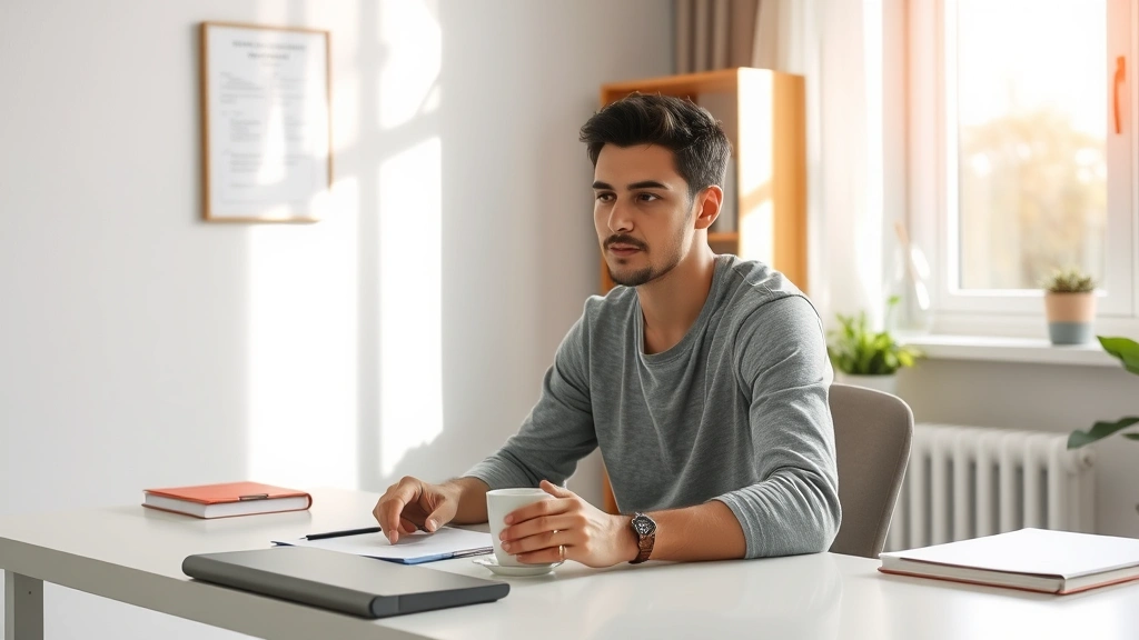 Person at a clean, minimalist desk with morning coffee, sunlight streaming through window, focused expression, organized workspace with no distractions visible