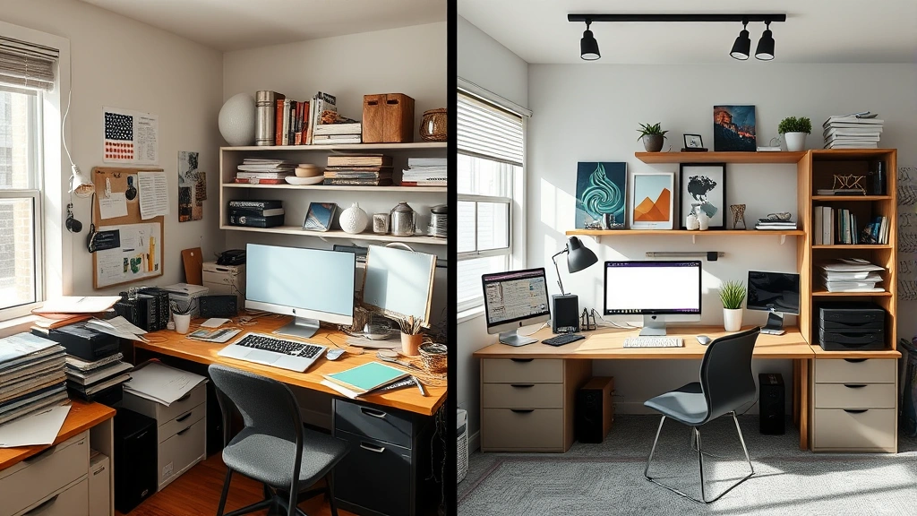 Split-screen comparison showing chaotic cluttered desk on left, organized optimized workspace on right, demonstrating environmental design transformation