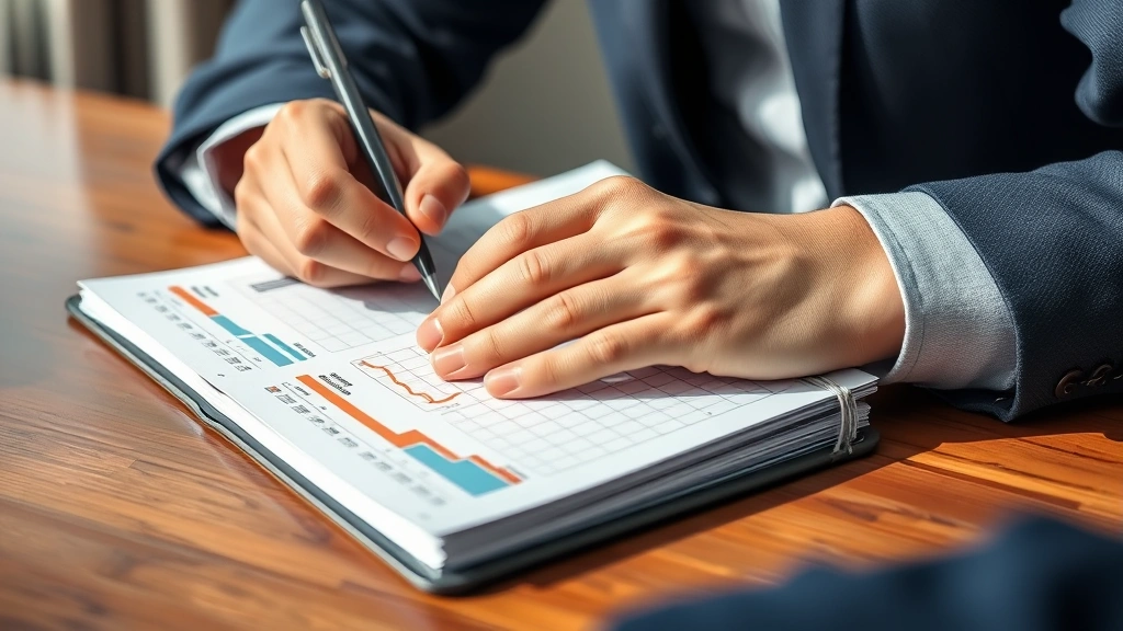 Close-up of hands writing in a structured planner or tracking system, showing metrics and progress data, natural lighting, professional yet approachable aesthetic