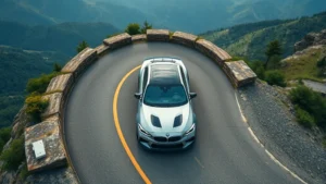 Overhead view of a high-performance sedan on a curved mountain road, showcasing precise handling and engineering excellence without any visible text or numbers