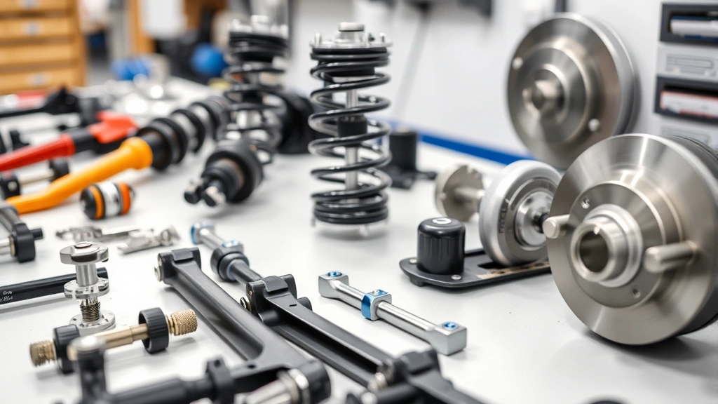 Close-up of premium suspension components and brake system parts arranged on a clean workbench, highlighting mechanical precision and quality engineering