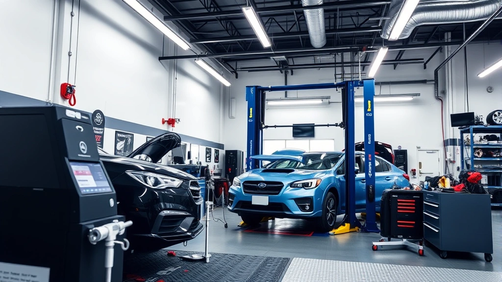 Modern automotive workshop interior with precision tools and diagnostic equipment, focusing on professional maintenance and quality vehicle care without signage