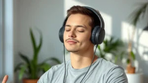 Person wearing headphones in peaceful meditation pose, soft natural lighting, serene indoor environment with plants, focused expression showing calm concentration